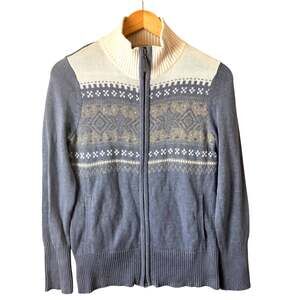 Eddie Bauer Fair Isle Full Zip Sweater Funnel Neck Womens Medium Blue Grandma